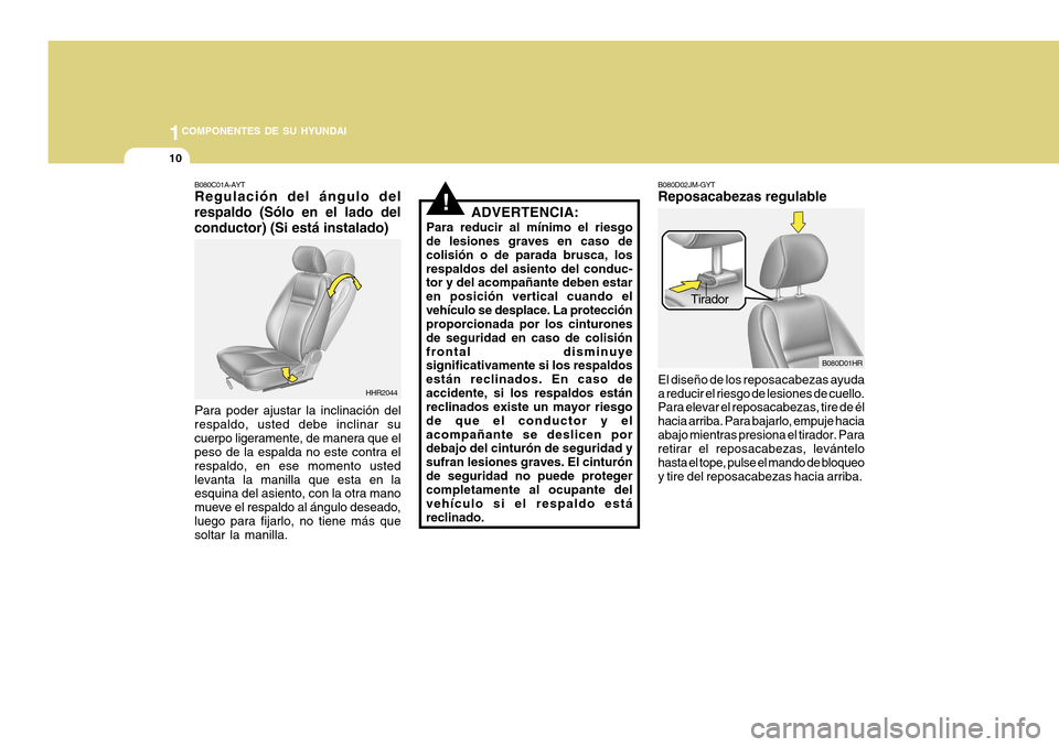 Hyundai H-100 Truck 2011 Manual del propietario (in Spanish) 1COMPONENTES DE SU HYUNDAI
10
!ADVERTENCIA:
Para reducir al mínimo el riesgo
de lesiones graves en caso de colisión o de parada brusca, losrespaldos del asiento del conduc- tor y del acompañante de Hyundai H-100 Truck 2011 Manual del propietario (in Spanish) 1COMPONENTES DE SU HYUNDAI
10
!ADVERTENCIA:
Para reducir al mínimo el riesgo
de lesiones graves en caso de colisión o de parada brusca, losrespaldos del asiento del conduc- tor y del acompañante de