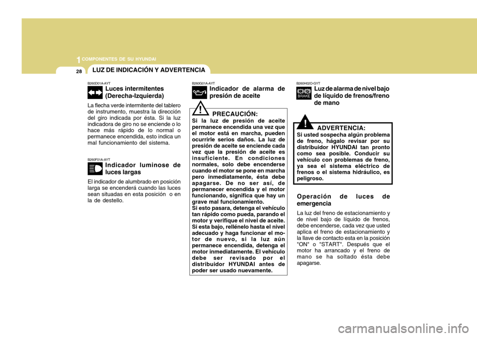 Hyundai H-100 Truck 2011 Manual del propietario (in Spanish) 1COMPONENTES DE SU HYUNDAI
28
!
B260F01A-AYT
Indicador luminose de luces largas
El indicador de alumbrado en posición
larga se encenderá cuando las luces sean situadas en esta posición o enla de d Hyundai H-100 Truck 2011 Manual del propietario (in Spanish) 1COMPONENTES DE SU HYUNDAI
28
!
B260F01A-AYT
Indicador luminose de luces largas
El indicador de alumbrado en posición
larga se encenderá cuando las luces sean situadas en esta posición o enla de d