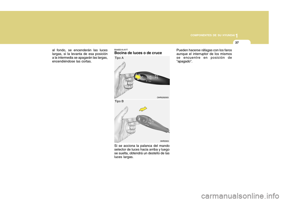 Hyundai H-100 Truck 2011 Manual del propietario (in Spanish) 1
COMPONENTES DE SU HYUNDAI
37
B340E01A-AYT Bocina de luces o de cruce Si se acciona la palanca del mando
selector de luces hacia arriba y luego se suelta, obtendrá un destello de las luces largas.
H Hyundai H-100 Truck 2011 Manual del propietario (in Spanish) 1
COMPONENTES DE SU HYUNDAI
37
B340E01A-AYT Bocina de luces o de cruce Si se acciona la palanca del mando
selector de luces hacia arriba y luego se suelta, obtendrá un destello de las luces largas.
H
