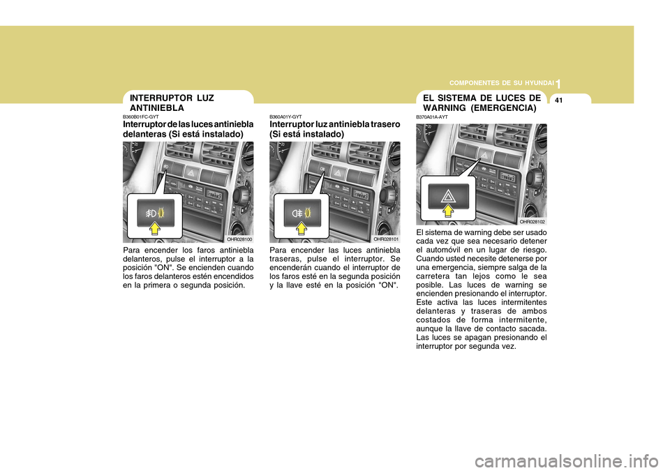 Hyundai H-100 Truck 2011 Manual del propietario (in Spanish) 1
COMPONENTES DE SU HYUNDAI
41EL SISTEMA DE LUCES DE WARNING (EMERGENCIA)
B370A01A-AYT
El sistema de warning debe ser usado
cada vez que sea necesario detener el automóvil en un lugar de riesgo.Cuand Hyundai H-100 Truck 2011 Manual del propietario (in Spanish) 1
COMPONENTES DE SU HYUNDAI
41EL SISTEMA DE LUCES DE WARNING (EMERGENCIA)
B370A01A-AYT
El sistema de warning debe ser usado
cada vez que sea necesario detener el automóvil en un lugar de riesgo.Cuand