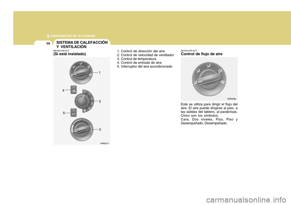 Hyundai H-100 Truck 2011 Manual del propietario (in Spanish) 1COMPONENTES DE SU HYUNDAI
58SISTEMA DE CALEFACCIÓN Y VENTILACIÓN
B670A01HR-GYT (Si está instalado) 1. Control de dirección del aire
2. Control de velocidad de ventilador
3. Control de temperatu Hyundai H-100 Truck 2011 Manual del propietario (in Spanish) 1COMPONENTES DE SU HYUNDAI
58SISTEMA DE CALEFACCIÓN Y VENTILACIÓN
B670A01HR-GYT (Si está instalado) 1. Control de dirección del aire
2. Control de velocidad de ventilador
3. Control de temperatu