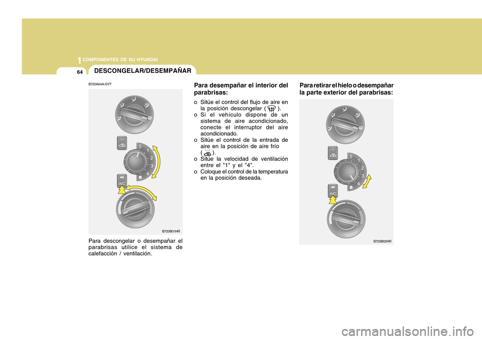 Hyundai H-100 Truck 2011  Manual del propietario (in Spanish) 1COMPONENTES DE SU HYUNDAI
64DESCONGELAR/DESEMPAÑAR
B720A04A-GYT Para desempañar el interior del parabrisas:
o Sitúe el control del flujo de aire en la posición descongelar (     ).
o Si el vehíc