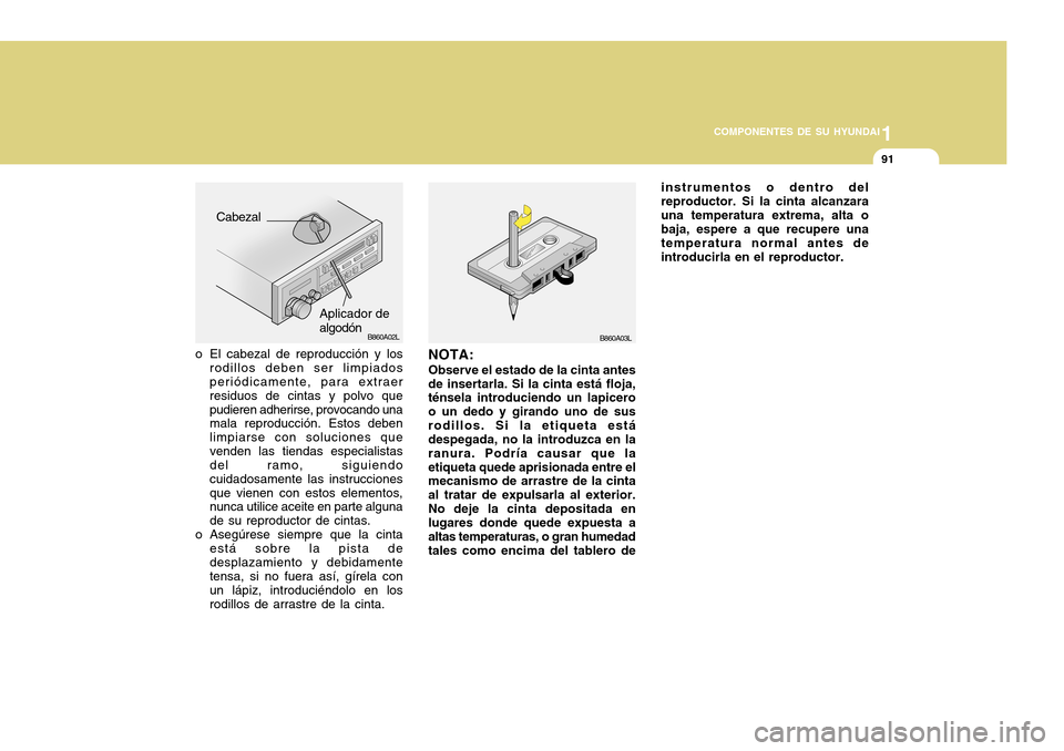 Hyundai H-100 Truck 2011  Manual del propietario (in Spanish) 1
COMPONENTES DE SU HYUNDAI
91
B860A03LB860A02L
NOTA: Observe el estado de la cinta antes de insertarla. Si la cinta está floja, ténsela introduciendo un lapicero o un dedo y girando uno de susrodil