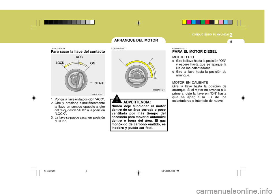 Hyundai H-100 Truck 2011 Manual del propietario (in Spanish) 2
CONDUCIENDO SU HYUNDAI
5ARRANQUE DEL MOTOR
1. Ponga la llave en la posición "ACC".
2. Gire y presione simultáneamente la llave en sentido opuesto a giro del reloj, desde "ACC" a la posición "LOC Hyundai H-100 Truck 2011 Manual del propietario (in Spanish) 2
CONDUCIENDO SU HYUNDAI
5ARRANQUE DEL MOTOR
1. Ponga la llave en la posición "ACC".
2. Gire y presione simultáneamente la llave en sentido opuesto a giro del reloj, desde "ACC" a la posición "LOC