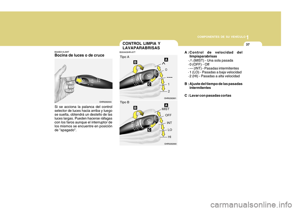 Hyundai H-100 Truck 2011 Manual del propietario (in Spanish) 1
COMPONENTES DE SU VEHÍCULO
37
B340E01A-AMT Bocina de luces o de cruce
Si se acciona la palanca del control
selector de luces hacia arriba y luegose suelta, obtendrá un destello de las luces largas Hyundai H-100 Truck 2011 Manual del propietario (in Spanish) 1
COMPONENTES DE SU VEHÍCULO
37
B340E01A-AMT Bocina de luces o de cruce
Si se acciona la palanca del control
selector de luces hacia arriba y luegose suelta, obtendrá un destello de las luces largas