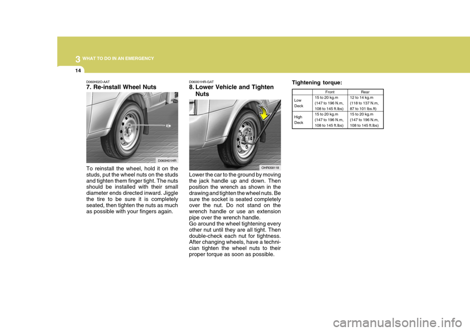 Hyundai H-100 Truck 2010 Owners Manuals 3 WHAT TO DO IN AN EMERGENCY
14
Tightening torque:
Low Deck High Deck Front
15 to 20 kg.m(147 to 196 N.m, 108 to 145 ft.lbs) 15 to 20 kg.m(147 to 196 N.m, 108 to 145 ft.lbs)
Rear
12 to 14 kg.m (118 to Hyundai H-100 Truck 2010 Owners Manuals 3 WHAT TO DO IN AN EMERGENCY
14
Tightening torque:
Low Deck High Deck Front
15 to 20 kg.m(147 to 196 N.m, 108 to 145 ft.lbs) 15 to 20 kg.m(147 to 196 N.m, 108 to 145 ft.lbs)
Rear
12 to 14 kg.m (118 to