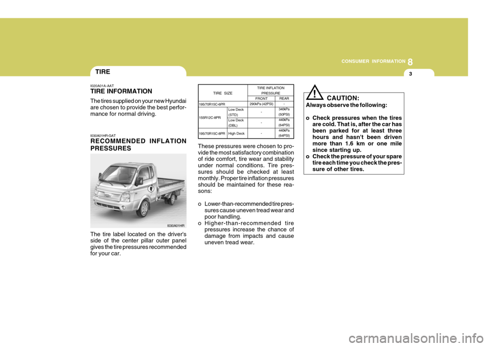 Hyundai H-100 Truck 2010 Owners Manuals 8
CONSUMER INFORMATION
3TIRE
I020A01A-AAT TIRE INFORMATION The tires supplied on your new Hyundai are chosen to provide the best perfor-mance for normal driving. I030A01HR-GAT RECOMMENDED INFLATION PR Hyundai H-100 Truck 2010 Owners Manuals 8
CONSUMER INFORMATION
3TIRE
I020A01A-AAT TIRE INFORMATION The tires supplied on your new Hyundai are chosen to provide the best perfor-mance for normal driving. I030A01HR-GAT RECOMMENDED INFLATION PR