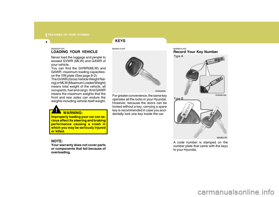 Hyundai H-100 Truck 2010  Owners Manuals 1FEATURES OF YOUR HYUNDAI
4
B030B01A-AAT Record Your Key Number A code number is stamped on the number plate that came with the keysto your Hyundai.KEYS
B030A01A-AAT
For greater convenience, the same 