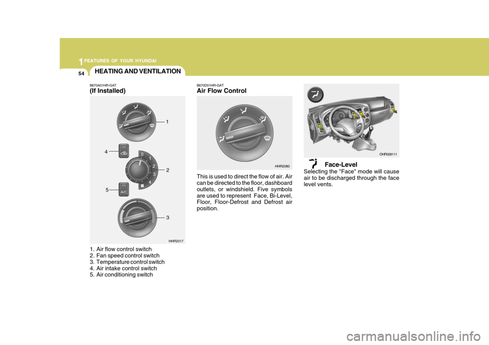 Hyundai H-100 Truck 2010 Owners Manuals 1FEATURES OF YOUR HYUNDAI
54
Face-Level
Selecting the "Face" mode will cause air to be discharged through the face level vents.
B670D01HR-GAT Air Flow Control This is used to direct the flow of air. A Hyundai H-100 Truck 2010 Owners Manuals 1FEATURES OF YOUR HYUNDAI
54
Face-Level
Selecting the "Face" mode will cause air to be discharged through the face level vents.
B670D01HR-GAT Air Flow Control This is used to direct the flow of air. A