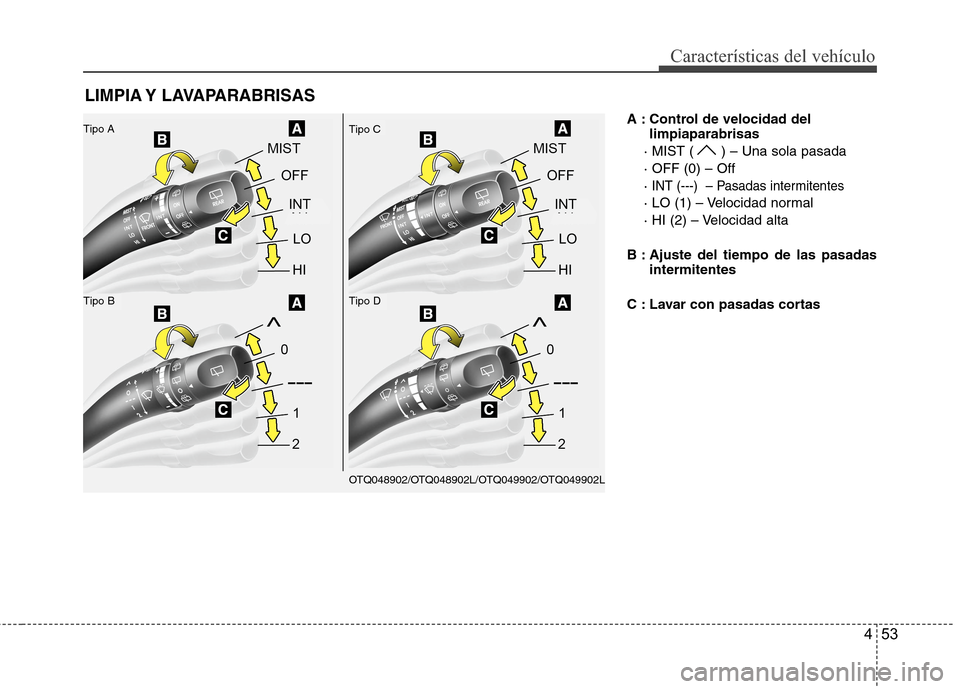 Hyundai H1 TQ 2016 Manual del propietario (in Spanish) 453
Características del vehículo
A : Control de velocidad del
limpiaparabrisas
· MIST ( ) – Una sola pasada
· OFF (0) – Off
·
INT (---) – Pasadas intermitentes
· LO (1) – Velocidad nor Hyundai H1 TQ 2016 Manual del propietario (in Spanish) 453
Características del vehículo
A : Control de velocidad del
limpiaparabrisas
· MIST ( ) – Una sola pasada
· OFF (0) – Off
·
INT (---) – Pasadas intermitentes
· LO (1) – Velocidad nor