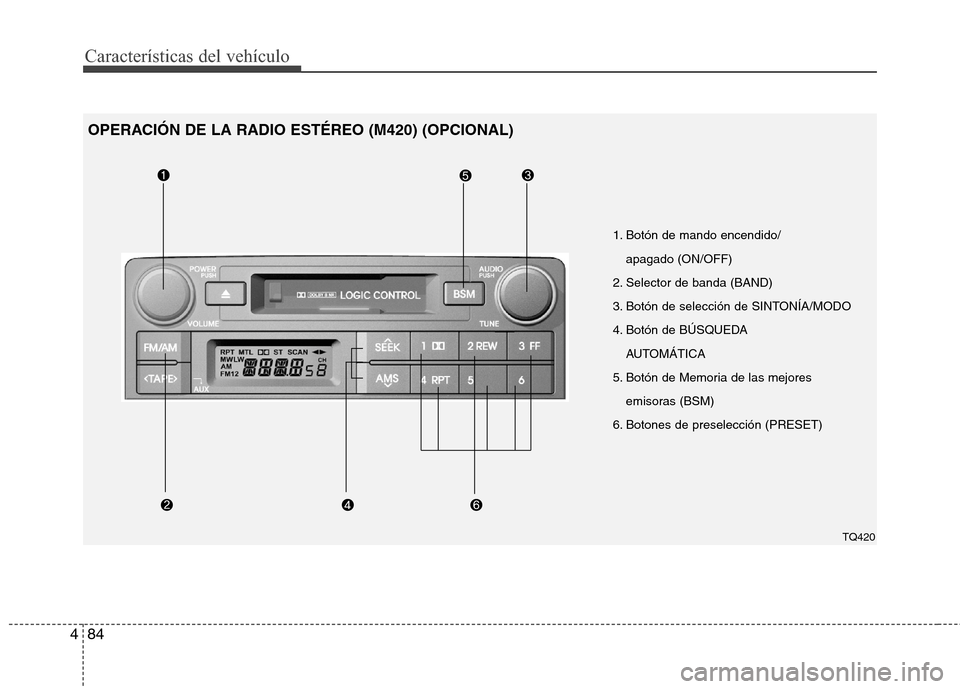 Hyundai H1 TQ 2016 Manual del propietario (in Spanish) Características del vehículo
84 4
1. Botón de mando encendido/
apagado (ON/OFF)
2. Selector de banda (BAND)
3. Botón de selección de SINTONÍA/MODO
4. Botón de BÚSQUEDA
AUTOMÁTICA
5. Botón d Hyundai H1 TQ 2016 Manual del propietario (in Spanish) Características del vehículo
84 4
1. Botón de mando encendido/
apagado (ON/OFF)
2. Selector de banda (BAND)
3. Botón de selección de SINTONÍA/MODO
4. Botón de BÚSQUEDA
AUTOMÁTICA
5. Botón d