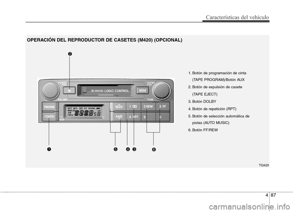 Hyundai H1 TQ 2016 Manual del propietario (in Spanish) 487
Características del vehículo
1. Botón de programación de cinta
(TAPE PROGRAM)/Botón AUX
2. Botón de expulsión de casete
(TAPE EJECT)
3. Botón DOLBY
4. Botón de repetición (RPT)
5. Botó Hyundai H1 TQ 2016 Manual del propietario (in Spanish) 487
Características del vehículo
1. Botón de programación de cinta
(TAPE PROGRAM)/Botón AUX
2. Botón de expulsión de casete
(TAPE EJECT)
3. Botón DOLBY
4. Botón de repetición (RPT)
5. Botó