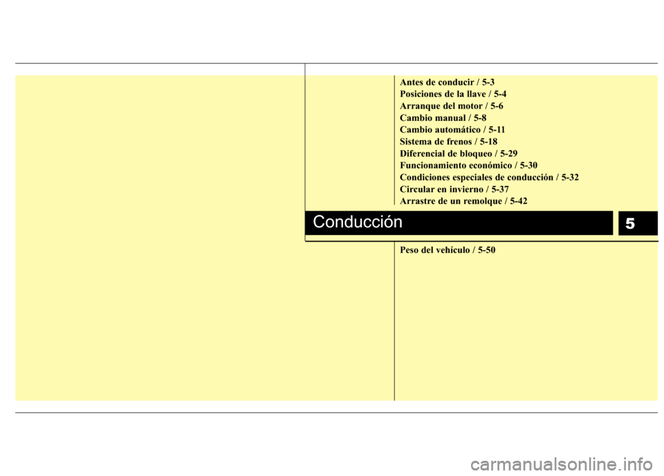 Hyundai H1 TQ 2016 Manual del propietario (in Spanish) 5
Antes de conducir / 5-3
Posiciones de la llave / 5-4
Arranque del motor / 5-6
Cambio manual / 5-8
Cambio automático / 5-11
Sistema de frenos / 5-18
Diferencial de bloqueo / 5-29
Funcionamiento econ Hyundai H1 TQ 2016 Manual del propietario (in Spanish) 5
Antes de conducir / 5-3
Posiciones de la llave / 5-4
Arranque del motor / 5-6
Cambio manual / 5-8
Cambio automático / 5-11
Sistema de frenos / 5-18
Diferencial de bloqueo / 5-29
Funcionamiento econ
