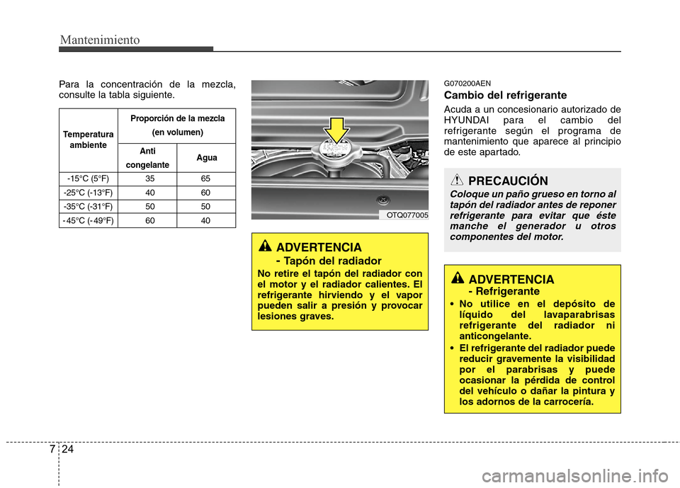 Hyundai H1 TQ 2016 Manual del propietario (in Spanish) Mantenimiento
24 7
Para la concentración de la mezcla,
consulte la tabla siguiente.G070200AEN
Cambio del refrigerante
Acuda a un concesionario autorizado de
HYUNDAI para el cambio del
refrigerante se Hyundai H1 TQ 2016 Manual del propietario (in Spanish) Mantenimiento
24 7
Para la concentración de la mezcla,
consulte la tabla siguiente.G070200AEN
Cambio del refrigerante
Acuda a un concesionario autorizado de
HYUNDAI para el cambio del
refrigerante se