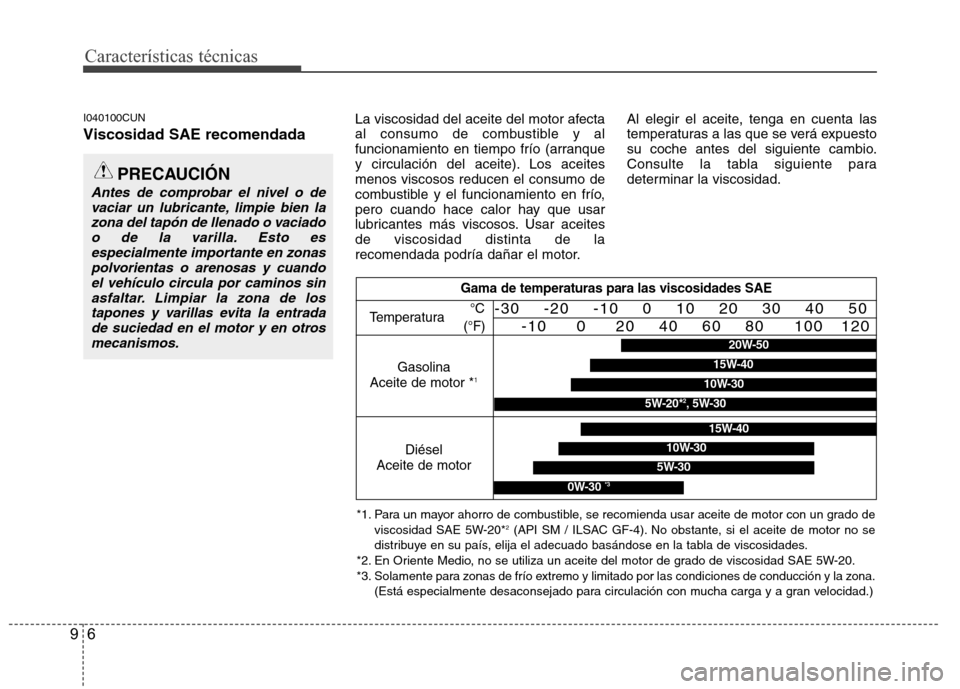 Hyundai H1 TQ 2015 Manual del propietario (in Spanish) Características técnicas
6 9
I040100CUN
Viscosidad SAE recomendada
La viscosidad del aceite del motor afecta
al consumo de combustible y al
funcionamiento en tiempo frío (arranque
y circulación de Hyundai H1 TQ 2015 Manual del propietario (in Spanish) Características técnicas
6 9
I040100CUN
Viscosidad SAE recomendada
La viscosidad del aceite del motor afecta
al consumo de combustible y al
funcionamiento en tiempo frío (arranque
y circulación de