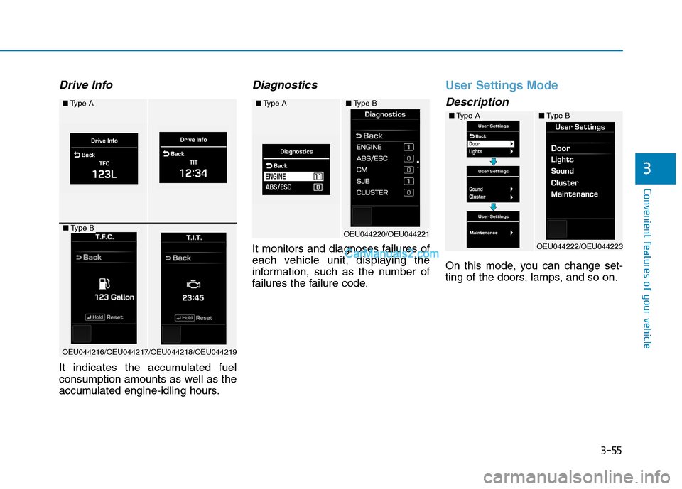 Hyundai H350 2016  Owners Manual 3-55
Convenient features of your vehicle
3
Drive Info
It indicates the accumulated fuel 
consumption amounts as well as the
accumulated engine-idling hours.
Diagnostics
It monitors and diagnoses failu