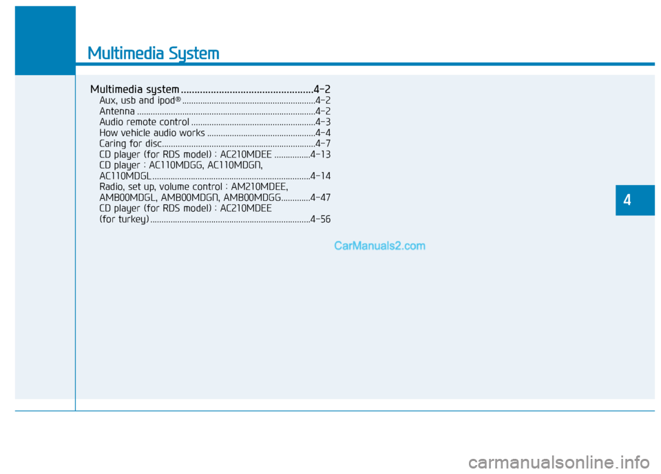 Hyundai H350 2016  Owners Manual Multimedia System
4
Multimedia System
Multimedia system .................................................4-2Aux, usb and ipod ®
...........................................................4-2
Antenna 