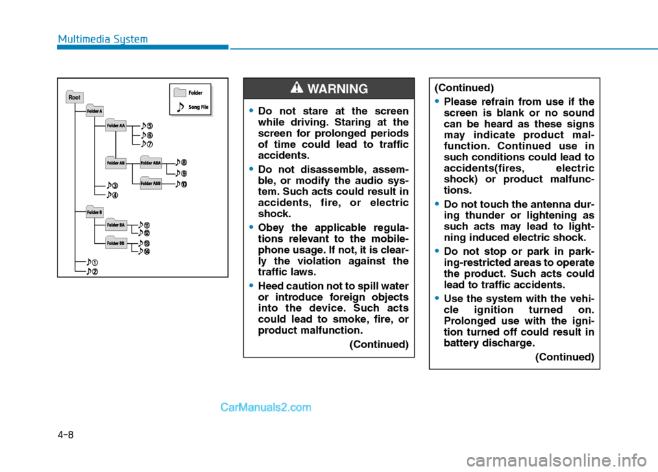 Hyundai H350 2016  Owners Manual 4-8
Multimedia System
(Continued)
Please refrain from use if the 
screen is blank or no sound
can be heard as these signs
may indicate product mal-
function. Continued use in
such conditions could lea