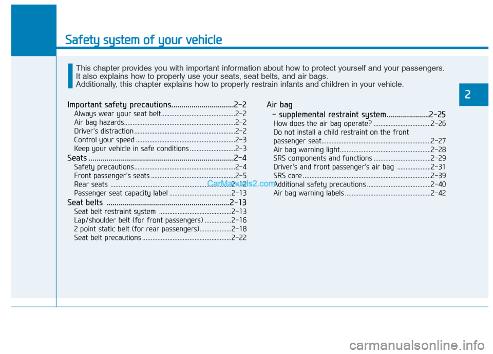 Hyundai H350 2016  Owners Manual Safety system of your vehicle
2
Important safety precautions...............................2-2Always wear your seat belt............................................2-2 
Air bag hazards................