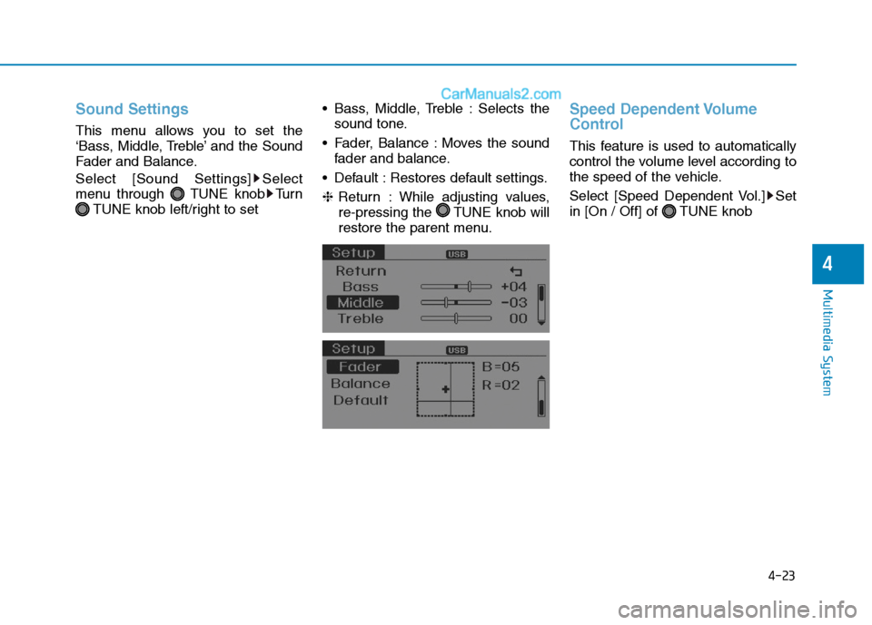 Hyundai H350 2016  Owners Manual 4-23
Multimedia System
4
Sound Settings
This menu allows you to set the 
‘Bass, Middle, Treble’ and the Sound
Fader and Balance. 
Select [Sound Settings] Select 
menu through  TUNE knob TurnTUNE k
