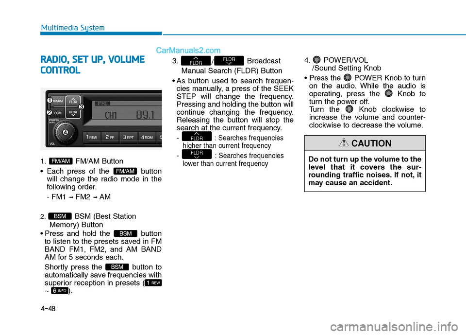 Hyundai H350 2016 Owners Guide 4-48
Multimedia System
RRAA DDIIOO ,,   SS EE TT   UU PP,,   VV OO LLUU MM EE
C
C OO NNTTRR OO LL
1. FM/AM Button 
 Each press of the  button
will change the radio mode in the 
following order. - FM1 