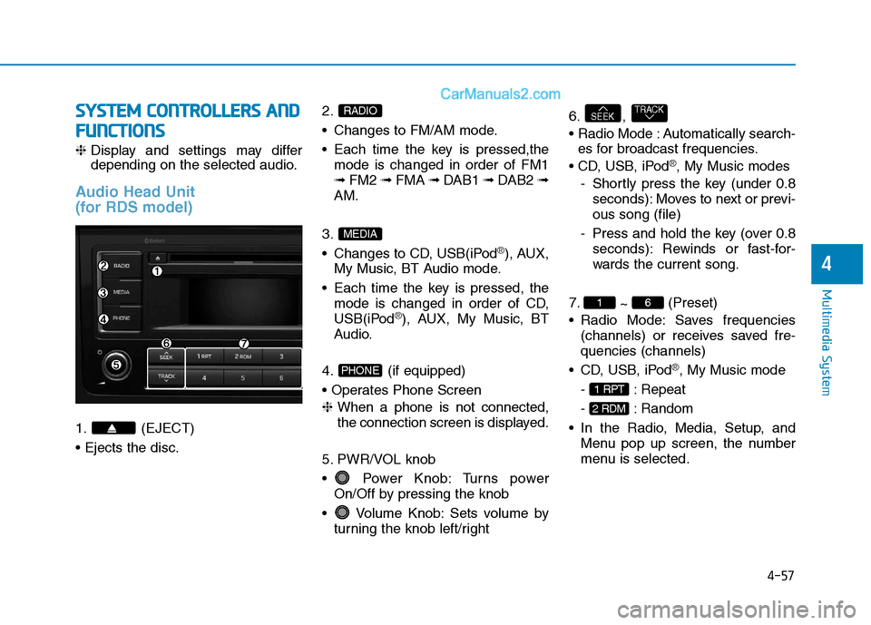 Hyundai H350 2016 Owners Manual 4-57
Multimedia System
4
SSYY SSTT EEMM CC OO NNTTRR OO LLLL EE RR SS AA NN DD
F
F UU NNCCTT IIOO NNSS
❈ Display and settings may differ
depending on the selected audio.
Audio Head Unit
(for RD Hyundai H350 2016 Owners Manual 4-57
Multimedia System
4
SSYY SSTT EEMM CC OO NNTTRR OO LLLL EE RR SS AA NN DD
F
F UU NNCCTT IIOO NNSS
❈ Display and settings may differ
depending on the selected audio.
Audio Head Unit
(for RD