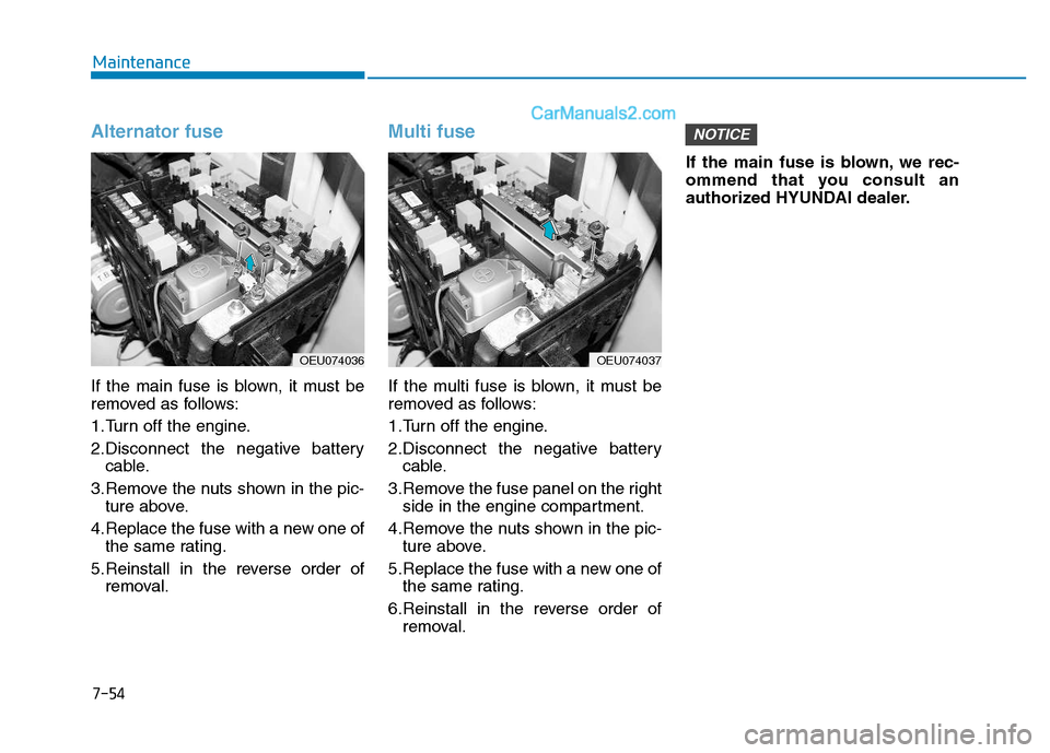 Hyundai H350 2016  Owners Manual 7-54
Maintenance
Alternator fuse
If the main fuse is blown, it must be 
removed as follows: 
1.Turn off the engine.
2.Disconnect the negative batterycable.
3.Remove the nuts shown in the pic- ture abo