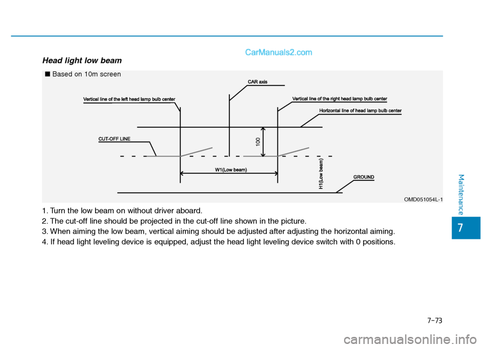 Hyundai H350 2016  Owners Manual 7-73
7
Maintenance
Head light low beam 
1. Turn the low beam on without driver aboard. 
2. The cut-off line should be projected in the cut-off line shown in the picture.
3. When aiming the low beam, v