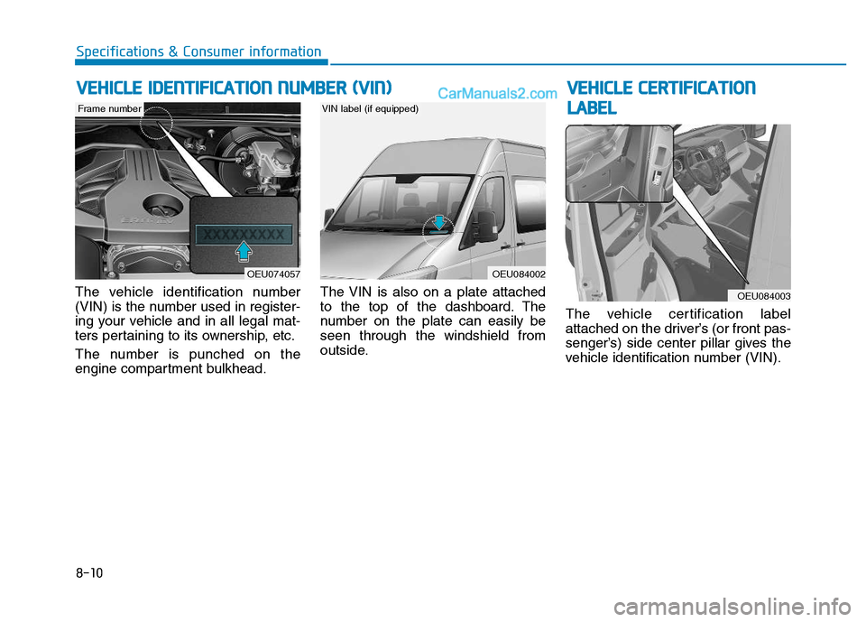 Hyundai H350 2016  Owners Manual 8-10
Specifications & Consumer information
The vehicle identification number 
(VIN) is the number used in register-
ing your vehicle and in all legal mat-
ters pertaining to its ownership, etc. 
The n