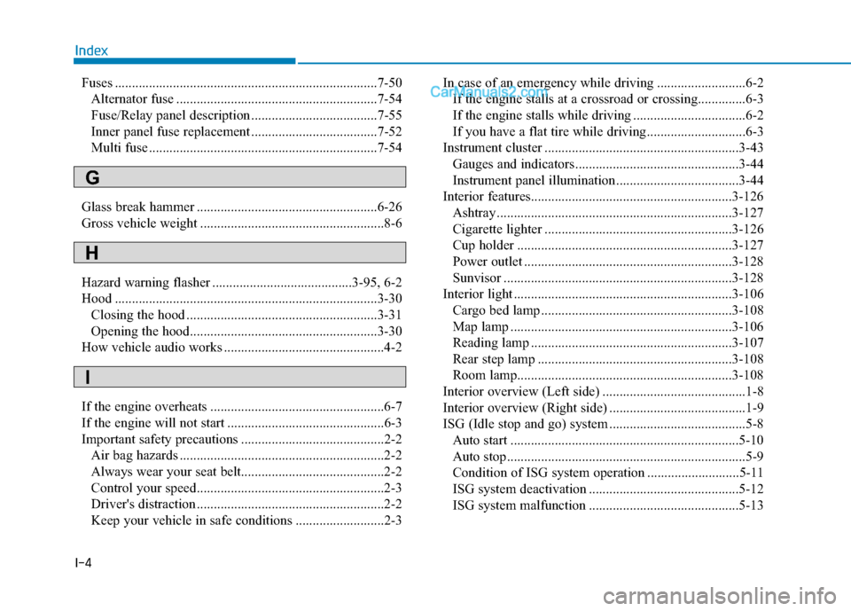 Hyundai H350 2016 Service Manual I-4Fuses .............................................................................7-50
Alternator fuse ...........................................................7-54 
Fuse/Relay panel description