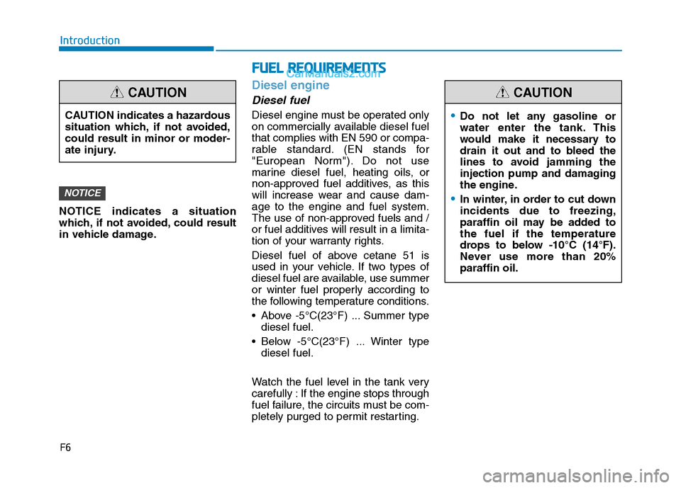 Hyundai H350 2016 Owners Manual NOTICE indicates a situation
which, if not avoided, could result
in vehicle damage.
Diesel engine
Diesel fuel
Diesel engine must be operated only
on commercially available diesel fuelthat complies w Hyundai H350 2016 Owners Manual NOTICE indicates a situation
which, if not avoided, could result
in vehicle damage.
Diesel engine
Diesel fuel
Diesel engine must be operated only
on commercially available diesel fuelthat complies w