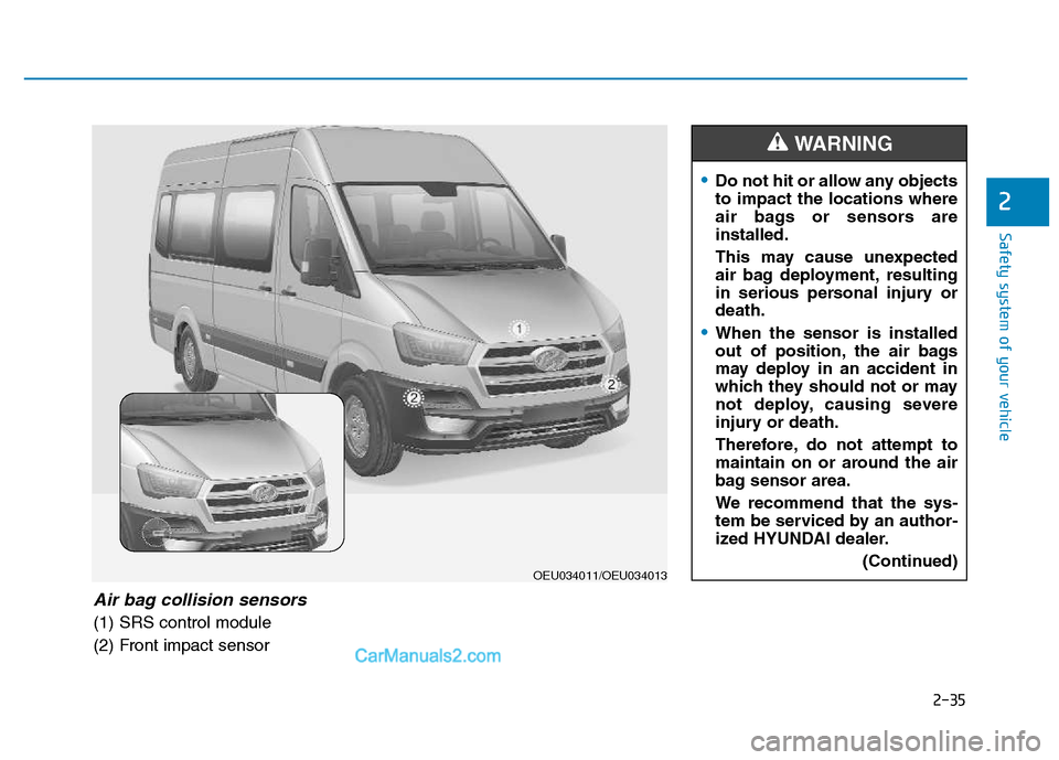 Hyundai H350 2016 Owners Manual 2-35
Safety system of your vehicle
2
OEU034011/OEU034013
Air bag collision sensors
(1) SRS control module
(2) Front impact sensor
Do not hit or allow any objects to impact the locations where
air bag Hyundai H350 2016 Owners Manual 2-35
Safety system of your vehicle
2
OEU034011/OEU034013
Air bag collision sensors
(1) SRS control module
(2) Front impact sensor
Do not hit or allow any objects to impact the locations where
air bag