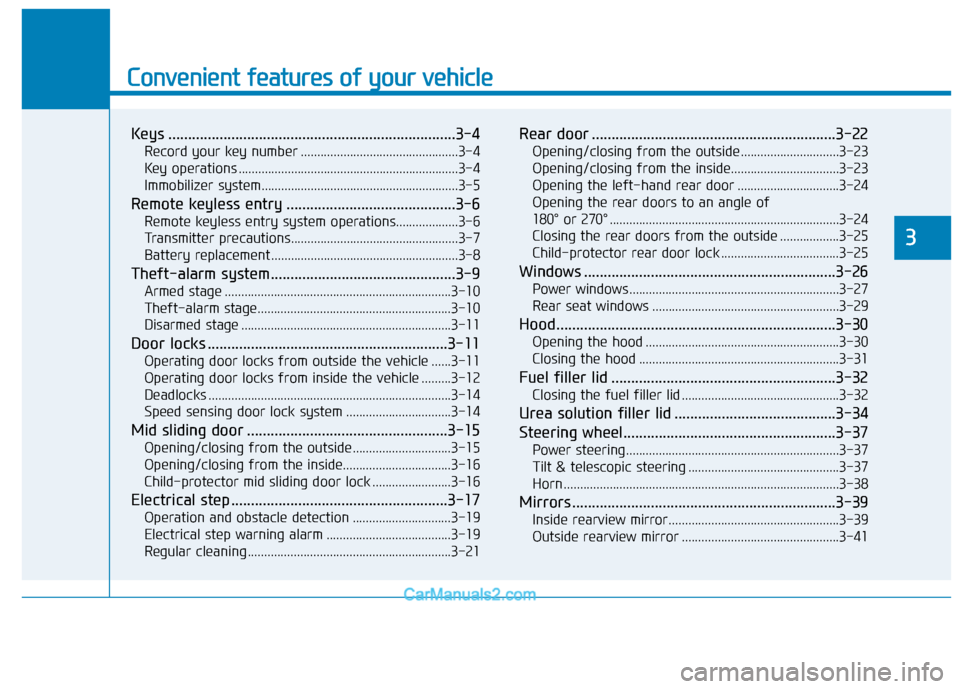 Hyundai H350 2016  Owners Manual Convenient features of your vehicle
Keys .........................................................................3-4Record your key number ................................................3-4 
Key ope