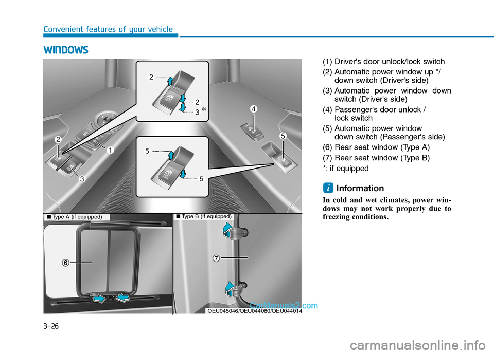 Hyundai H350 2016  Owners Manual 3-26
Convenient features of your vehicle
(1) Drivers door unlock/lock switch 
(2) Automatic power window up */down switch (Drivers side)
(3) Automatic power window down switch (Drivers side)
(4) Pa