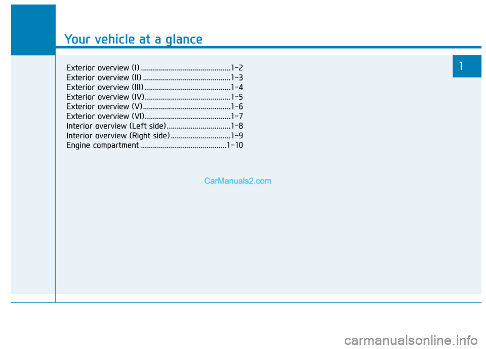 Hyundai H350 2016 Owners Manual Your vehicle at a glance
1
Your vehicle at a glance
1Exterior overview (I) .............................................1-2
Exterior overview (II) ............................................1-3
Exte Hyundai H350 2016 Owners Manual Your vehicle at a glance
1
Your vehicle at a glance
1Exterior overview (I) .............................................1-2
Exterior overview (II) ............................................1-3
Exte