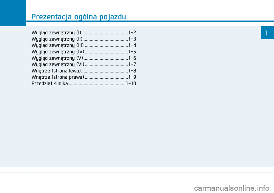 Hyundai H350 2016 Instrukcja Obsługi (in Polish) Prezentacja ogólna pojazdu
1
Prezentacja ogólna pojazdu
1Wygląd zewnętrzny (I) .....................................1-2
Wygląd zewnętrzny (II) ....................................1-3
Wygląd zew Hyundai H350 2016 Instrukcja Obsługi (in Polish) Prezentacja ogólna pojazdu
1
Prezentacja ogólna pojazdu
1Wygląd zewnętrzny (I) .....................................1-2
Wygląd zewnętrzny (II) ....................................1-3
Wygląd zew