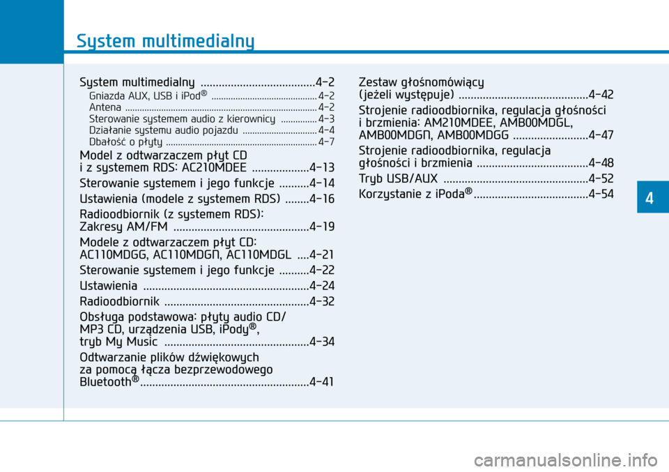 Hyundai H350 2016  Instrukcja Obsługi (in Polish) System multimedialny
4
System multimedialny
4
System multimedialny  ......................................4-2
Gniazda AUX, USB i iPod®  ............................................4-2
Antena  ......