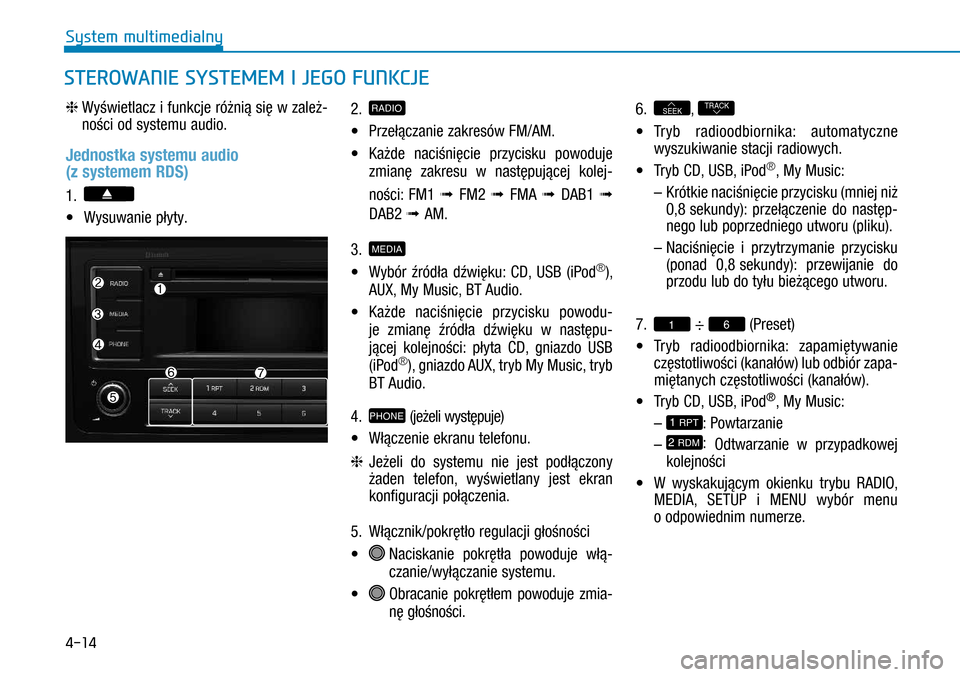 Hyundai H350 2016  Instrukcja Obsługi (in Polish) 4-14
STEROWANIE SYSTEMEM I JEGO FUNKCJE
h  
Wyświetlacz i funkcje różnią się w zależ-
ności od systemu audio.
Jednostka systemu audio  
(z systemem RDS)
1.  
•   Wysuwanie płyty.
2. RADI