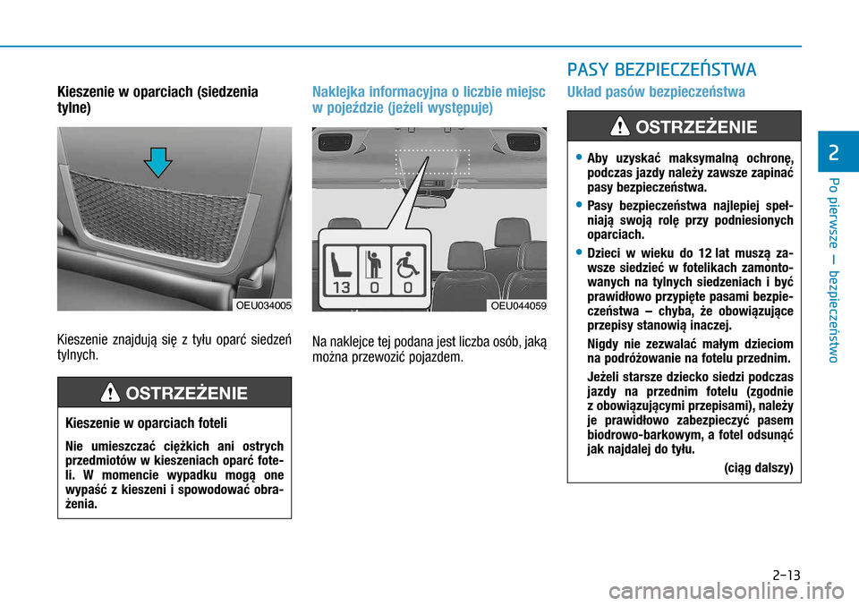 Hyundai H350 2016  Instrukcja Obsługi (in Polish) 2-13
Kieszenie w oparciach (siedzenia 
tylne)
Kieszenie znajdują się z  tyłu oparć siedzeń 
tylnych.
Naklejka informacyjna o liczbie miejsc 
w pojeździe (jeżeli występuje)
Na naklejce tej p