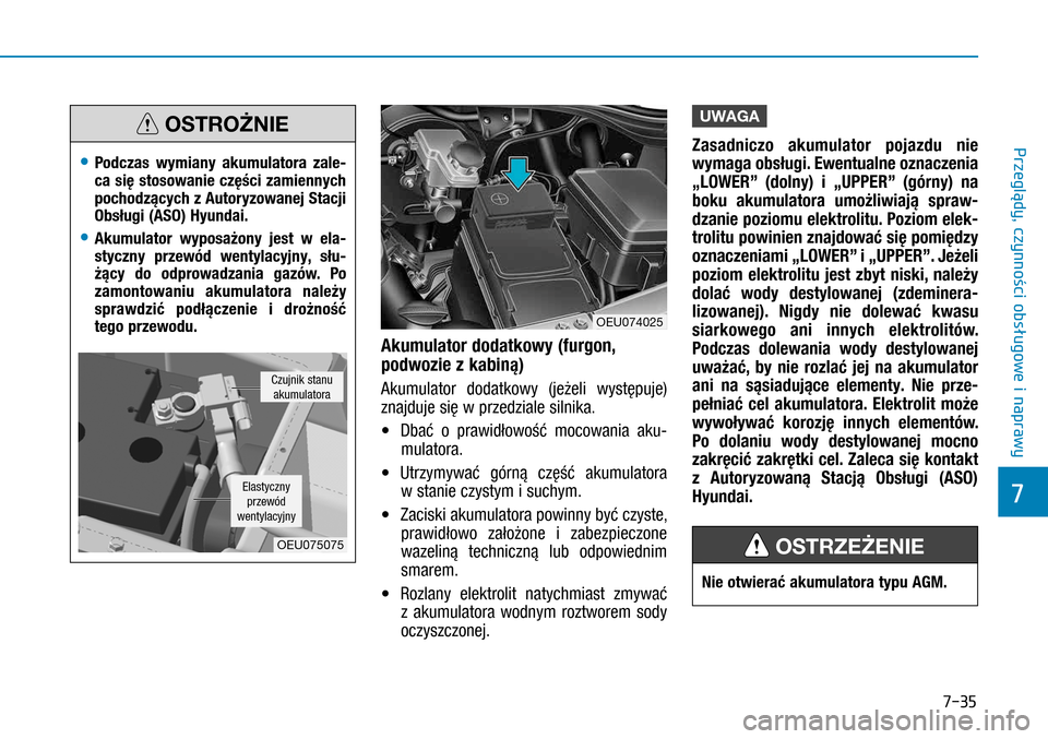 Hyundai H350 2016 Instrukcja Obsługi (in Polish) 7-35
Akumulator dodatkowy (furgon,
podwozie z kabiną)
Akumulator dodatkowy (jeżeli występuje)
znajduje się w przedziale silnika.
• Dbać o prawidłowość mocowania aku-
mulatora.
• U Hyundai H350 2016 Instrukcja Obsługi (in Polish) 7-35
Akumulator dodatkowy (furgon,
podwozie z kabiną)
Akumulator dodatkowy (jeżeli występuje)
znajduje się w przedziale silnika.
• Dbać o prawidłowość mocowania aku-
mulatora.
• U