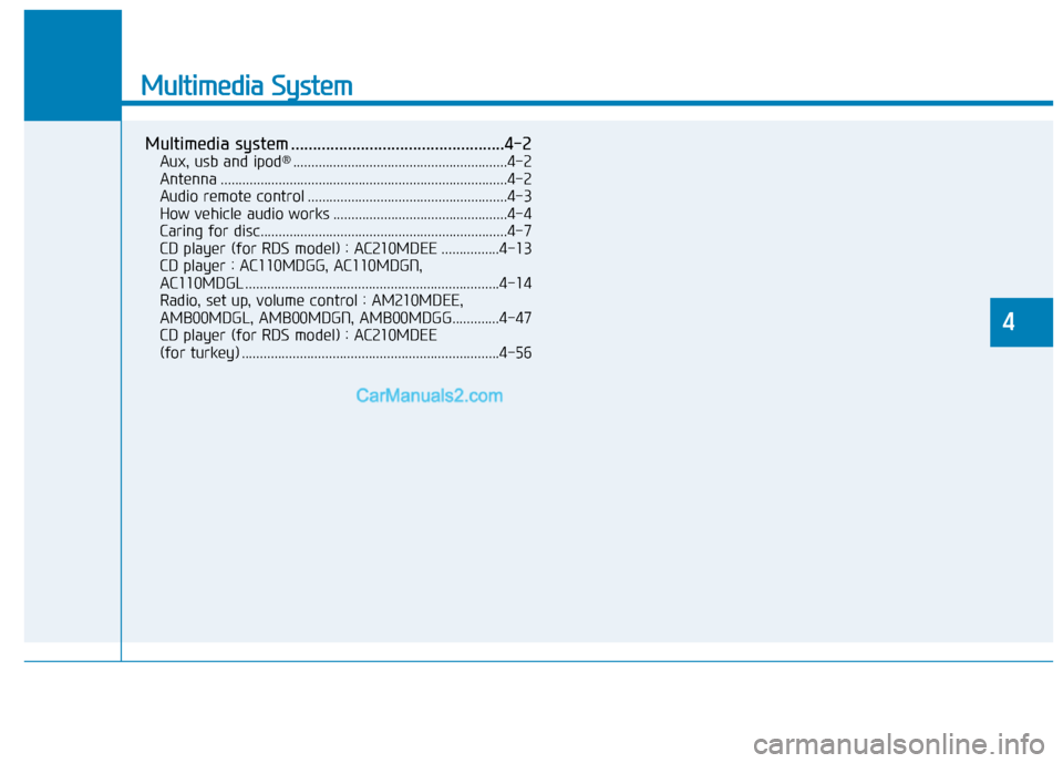 Hyundai H350 2015  Owners Manual Multimedia System
4
Multimedia System
Multimedia system .................................................4-2Aux, usb and ipod ®
...........................................................4-2
Antenna 