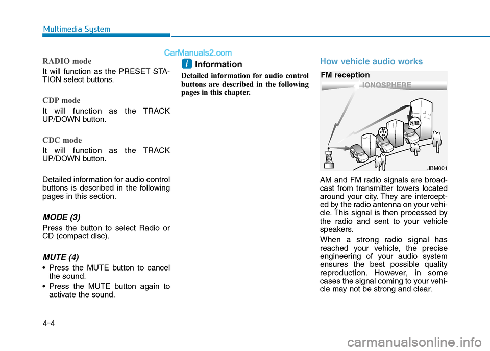 Hyundai H350 2015 Owners Manual 4-4
Multimedia System
RADIO mode
It will function as the PRESET STA-
TION select buttons.
CDP mode
It will function as the TRACK
UP/DOWN button.
CDC mode
It will function as the TRACK
UP/DOWN butto Hyundai H350 2015 Owners Manual 4-4
Multimedia System
RADIO mode
It will function as the PRESET STA-
TION select buttons.
CDP mode
It will function as the TRACK
UP/DOWN button.
CDC mode
It will function as the TRACK
UP/DOWN butto
