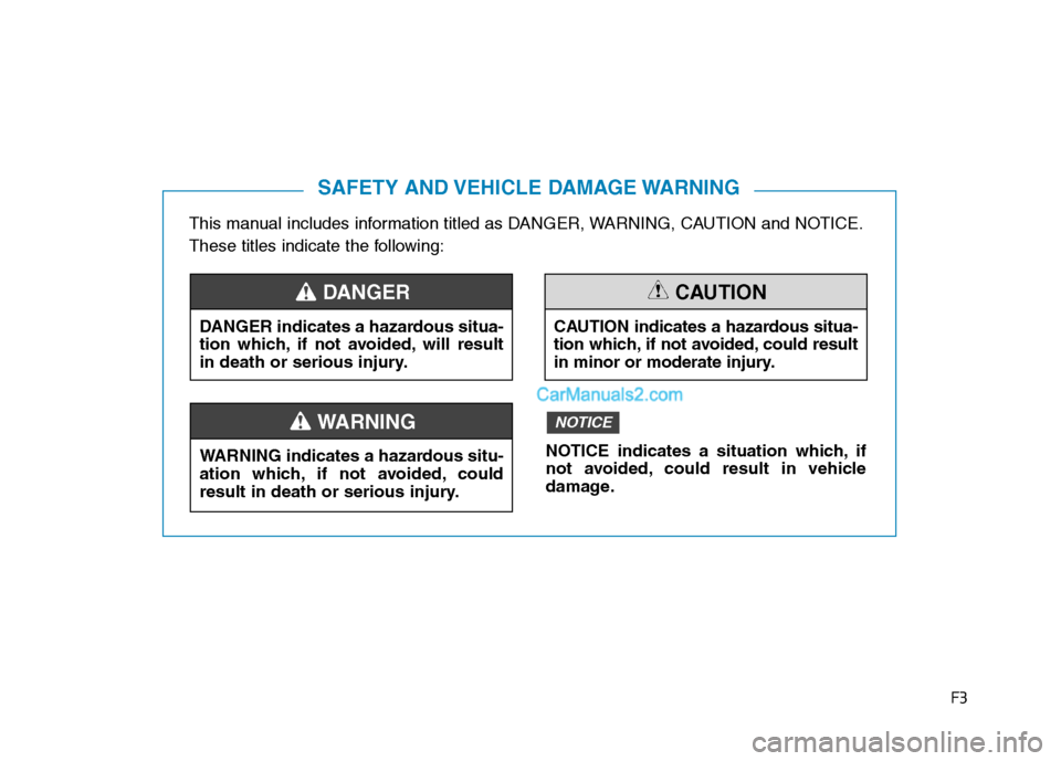 Hyundai H350 2015  Owners Manual F3
This manual includes information titled as DANGER, WARNING, CAUTION and NOTICE. 
These titles indicate the following:
SAFETY AND VEHICLE DAMAGE WARNING
DANGER indicates a hazardous situa- 
tion whi