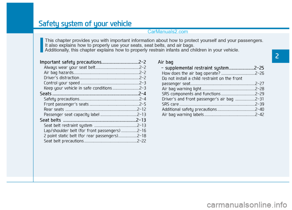 Hyundai H350 2015  Owners Manual Safety system of your vehicle
2
Important safety precautions...............................2-2Always wear your seat belt............................................2-2 
Air bag hazards................