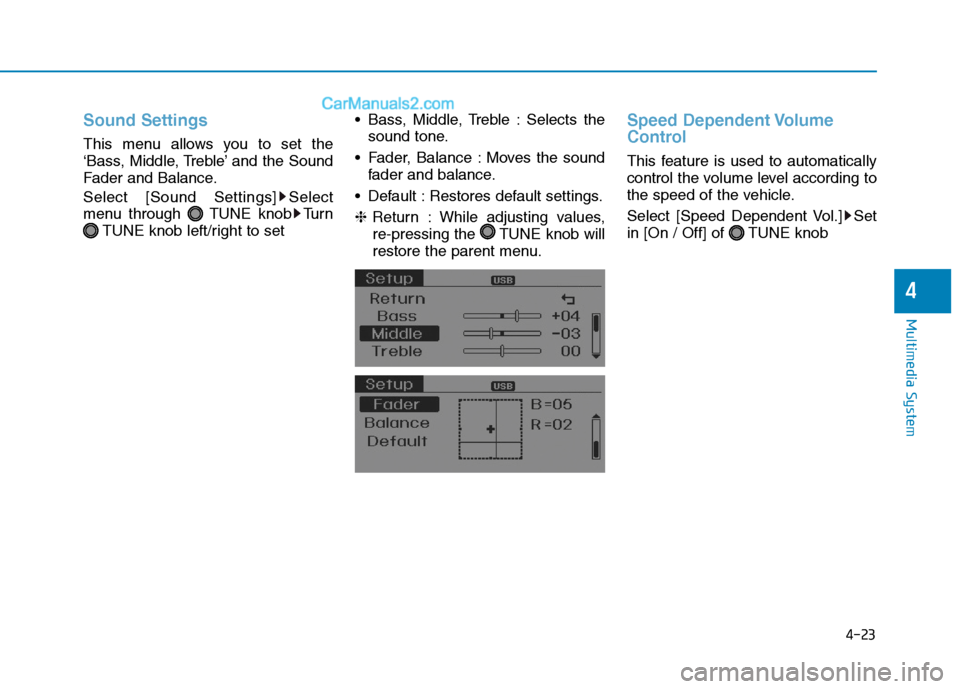 Hyundai H350 2015  Owners Manual 4-23
Multimedia System
4
Sound Settings
This menu allows you to set the 
‘Bass, Middle, Treble’ and the Sound
Fader and Balance. 
Select [Sound Settings] Select 
menu through  TUNE knob TurnTUNE k