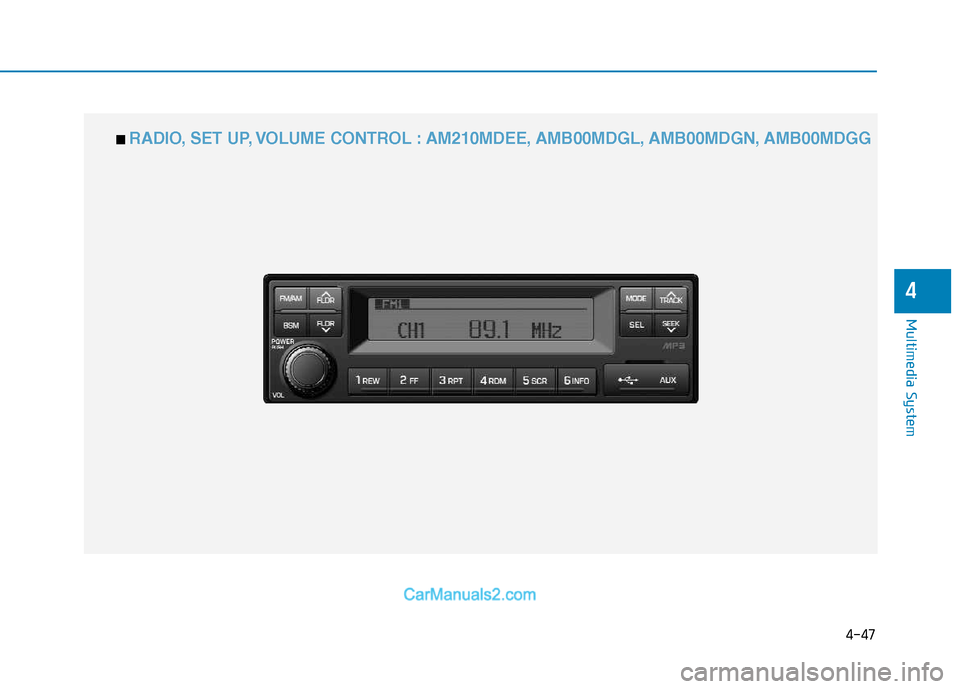 Hyundai H350 2015 Owners Manual 4-47
Multimedia System
4
■■ RADIO, SET UP, VOLUME CONTROL : AM210MDEE, AMB00MDGL, AMB00MDGN, AMB00MDGG Hyundai H350 2015 Owners Manual 4-47
Multimedia System
4
■■ RADIO, SET UP, VOLUME CONTROL : AM210MDEE, AMB00MDGL, AMB00MDGN, AMB00MDGG