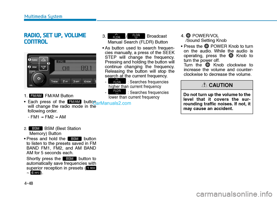 Hyundai H350 2015 Owners Manual 4-48
Multimedia System
RRAA DDIIOO ,, SS EE TT UU PP,, VV OO LLUU MM EE
C
C OO NNTTRR OO LL
1. FM/AM Button
Each press of the button
will change the radio mode in the
following order. - FM1 Hyundai H350 2015 Owners Manual 4-48
Multimedia System
RRAA DDIIOO ,, SS EE TT UU PP,, VV OO LLUU MM EE
C
C OO NNTTRR OO LL
1. FM/AM Button
Each press of the button
will change the radio mode in the
following order. - FM1