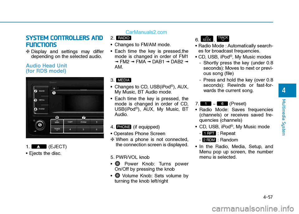 Hyundai H350 2015  Owners Manual 4-57
Multimedia System
4
SSYY SSTT EEMM   CC OO NNTTRR OO LLLL EE RR SS  AA NN DD
F
F UU NNCCTT IIOO NNSS
❈ Display and settings may differ 
depending on the selected audio.
Audio Head Unit 
(for RD