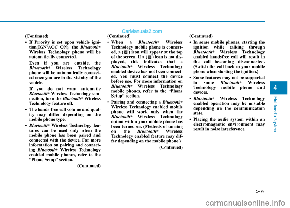 Hyundai H350 2015  Owners Manual 4-79
Multimedia System
4
(Continued) 
 If Priority is set upon vehicle igni-tion(IGN/ACC ON), the  Bluetooth®
Wireless Technology phone will be 
automatically connected. 
Even if you are outside, th