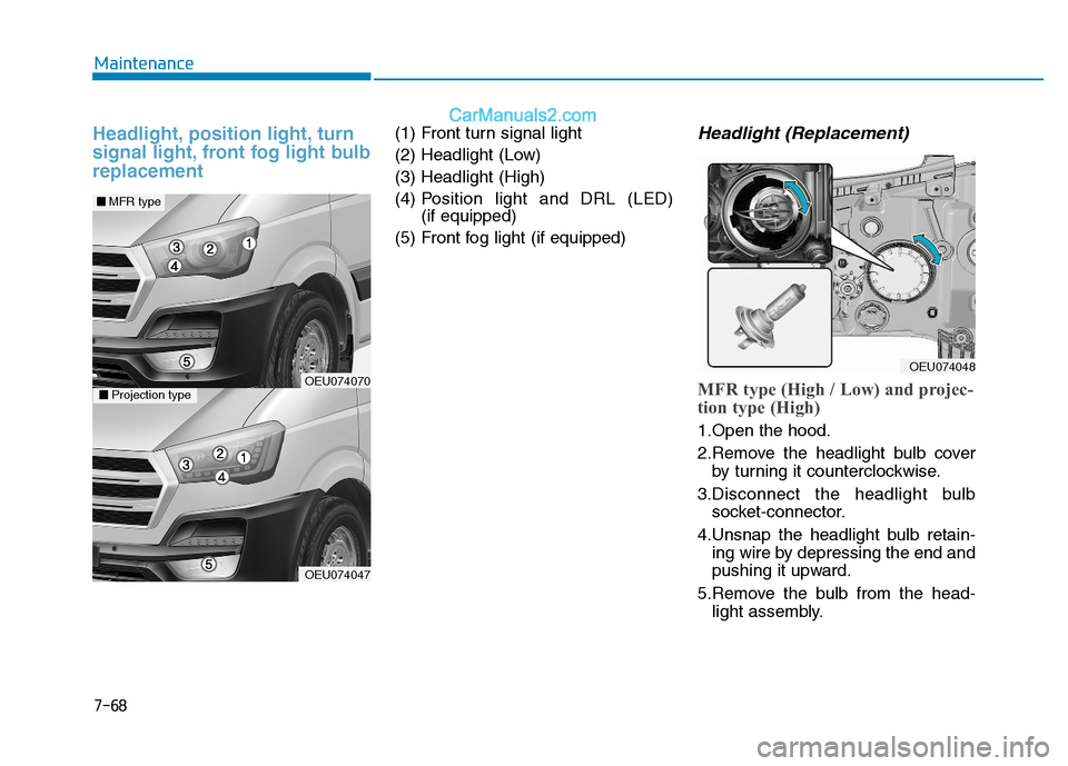 Hyundai H350 2015 Owners Manual 7-68
Maintenance
Headlight, position light, turn
signal light, front fog light bulbreplacement(1) Front turn signal light
(2) Headlight (Low)(3) Headlight (High)(4) Position light and DRL (LED)
(if Hyundai H350 2015 Owners Manual 7-68
Maintenance
Headlight, position light, turn
signal light, front fog light bulbreplacement(1) Front turn signal light
(2) Headlight (Low)(3) Headlight (High)(4) Position light and DRL (LED)
(if